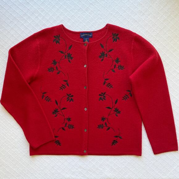 Charter Club 100% Wool Button Up Cardigan Red Sweater Black Vine Embroidery Med - Picture 3 of 6